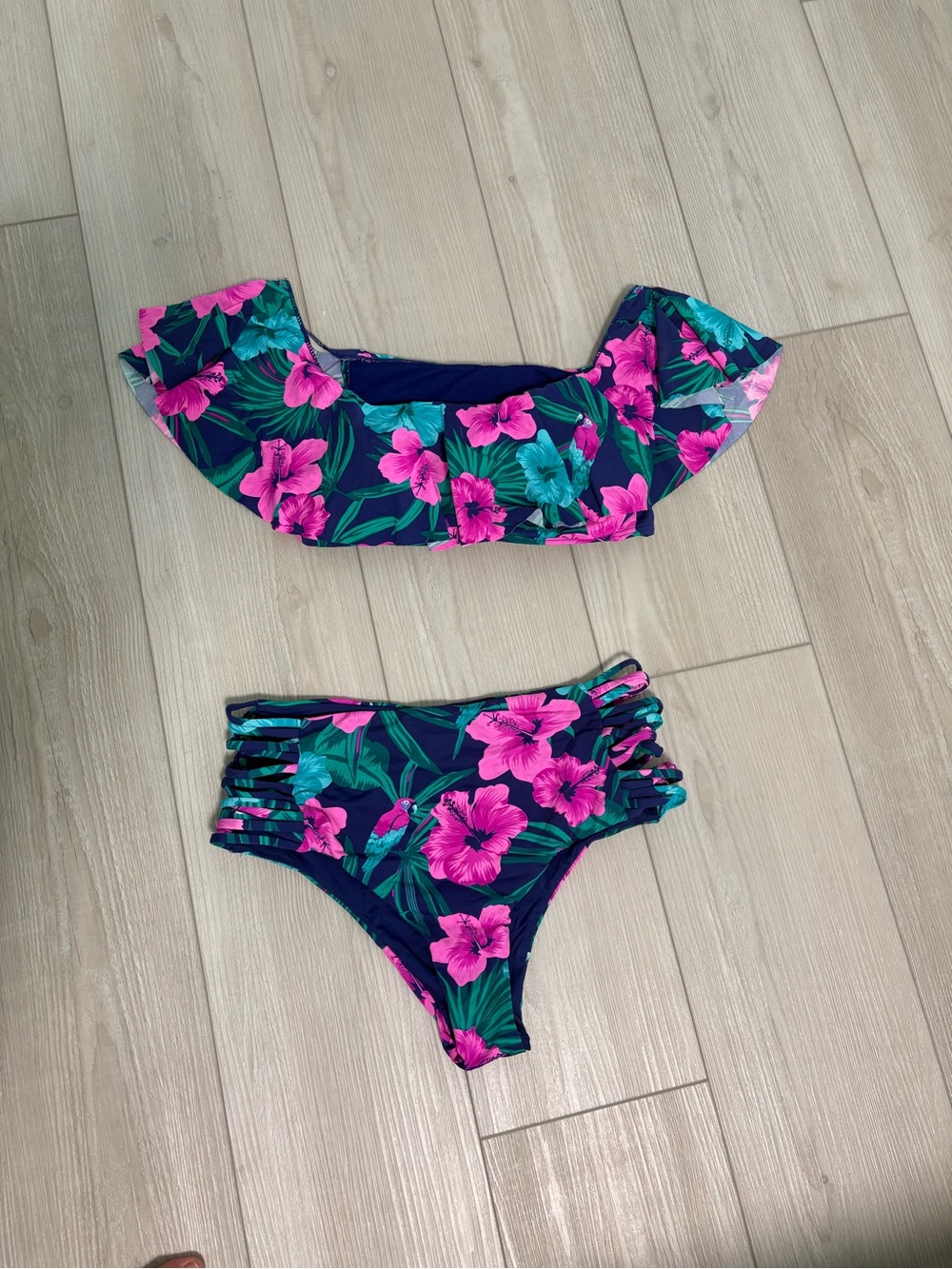 Pink Lily Navy Floral Ruffle Bikini Set with Pink & Teal Flowers